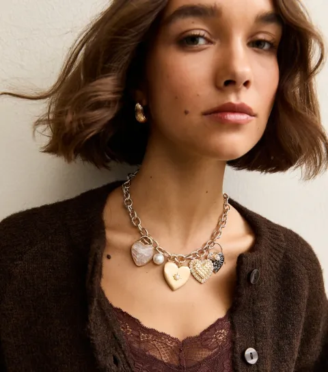 Gold Tone Rope Chain Multi Heart Charm Necklace