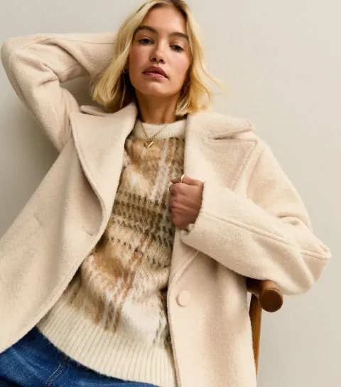New Look Women's Cream Textured Single Breasted Coat