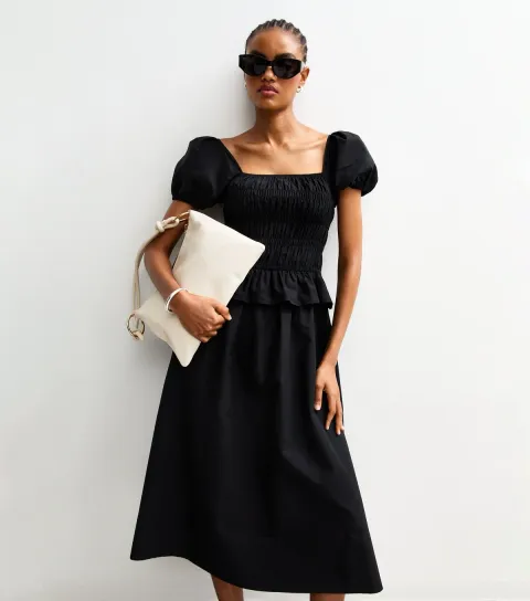 Women's Tall Black Shirred Puff Sleeve Midi Dress