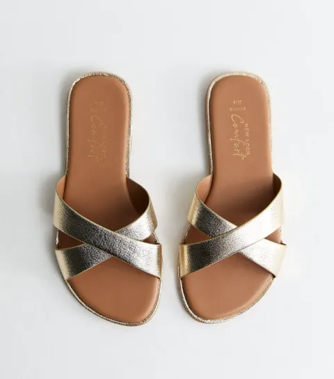 Women's Wide Fit Gold Faux Leather Crossover Mule Sandals Vegan