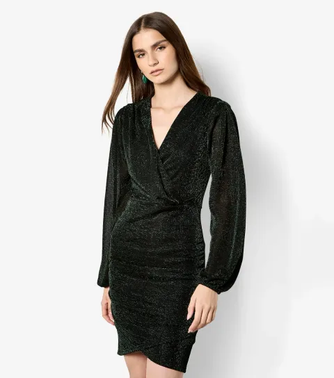 Women's Dark Green Mottled Sparkle Wrap Dress
