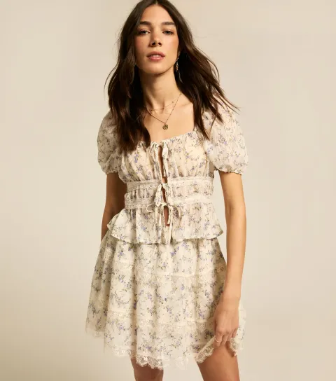 New Look Women's Cream Floral Print Lace Trimmed Tie Front Top