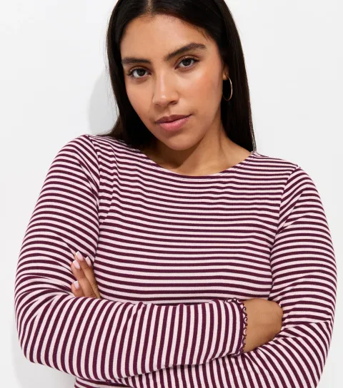 New Look Women's Plus Size Pink Cotton Rich Striped Babylock Long Sleeve Top Curves