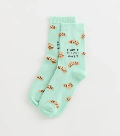 Mint Cotton Rich Flake It Till You Make It Croissant Pattern Socks