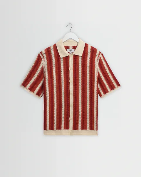 Porto - Ecru and Orange Stripe Crochet Knitted Shirt