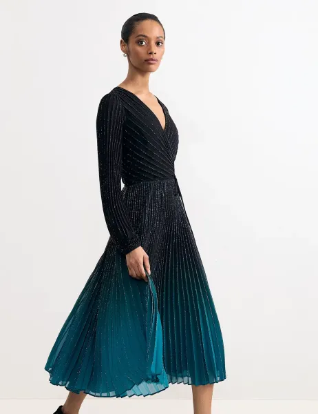 Phase Eight Plisse V-Neck Midi Waisted Dress Black Mix