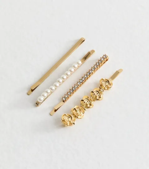 Pack of 4 Gold Tone Faux Pearl and Flower Hair Slides