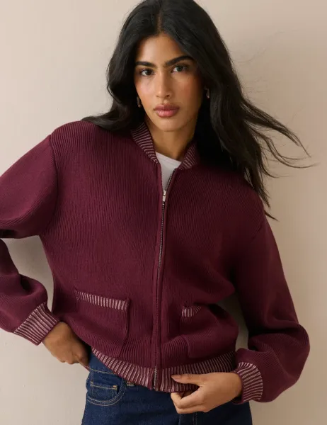 Nobody's Child Pure Cotton Relaxed Knitted Bomber Jacket Burgundy