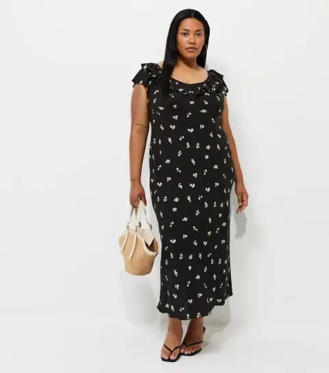 Women's Plus Size Black Floral Print Ruffle Neck Midi Dress Curves