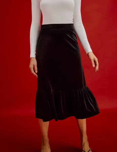 Finery London Velvet Midi Tiered Skirt Black
