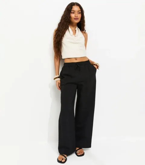 Women's Petite Black Crinkled Striped Wide Leg Trousers