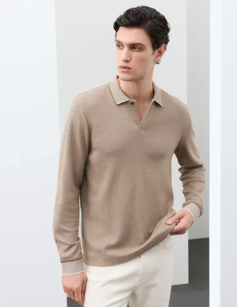 Autograph Cotton Rich Long Sleeve Polo Shirt Truffle