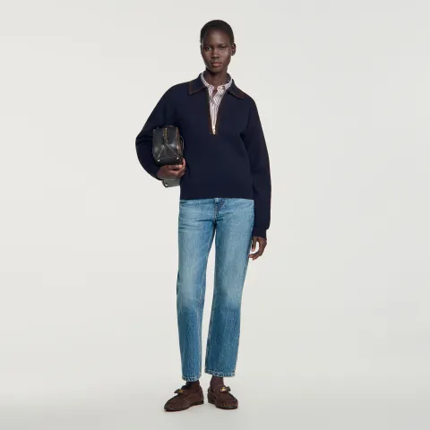 SANDRO Zip polo jumper with suede collar