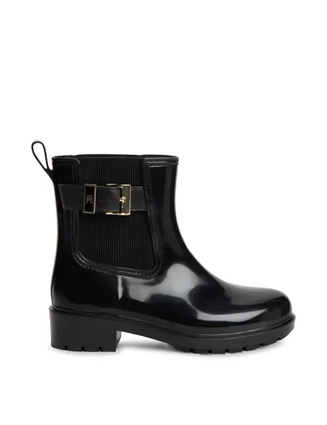 Tommy Hilfiger Chelsea Block Heel Ankle Wellies Rain Boots Black