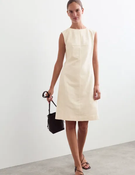 Jaeger Cotton Blend Jacquard Shift Dress with Linen Ivory