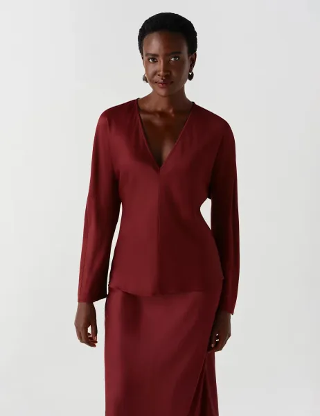 Satin V Neck Top Burgundy