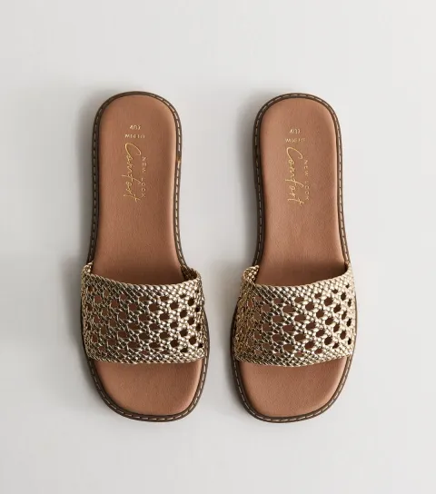 Women's Wide Fit Gold Faux Leather Woven Strap Mule Sandals Vegan