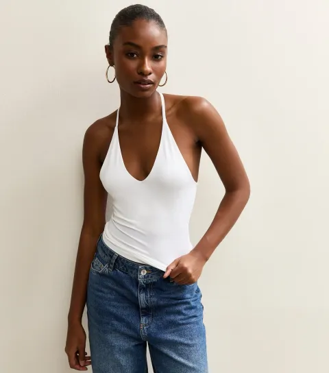 Women's White Slinky Halter Neck Top