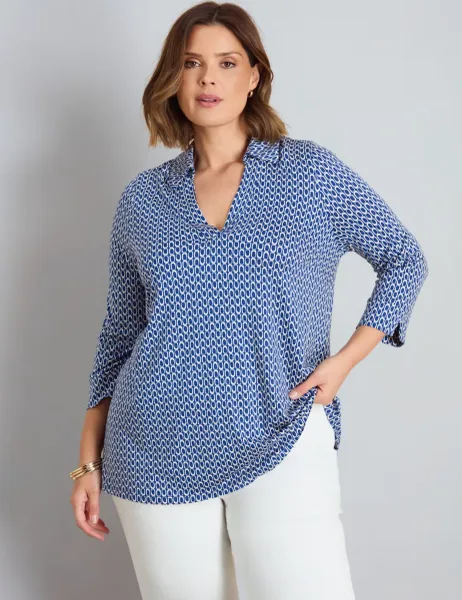 Live Unlimited London Geo Print Three Quarter Sleeve Jersey Top