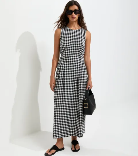 Women's Black Gingham Seersucker Column Midi Dress