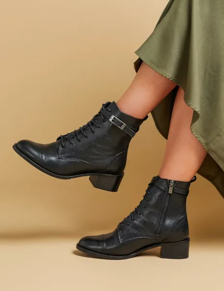 Jones Bootmaker Leather Lace Up Block Heel Ankle Boots Black