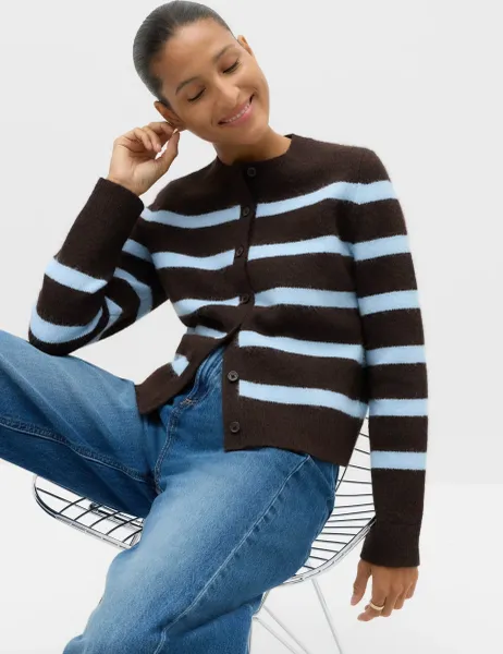 Marks & Spencer Striped Crew Neck Button Front Cardigan with Wool