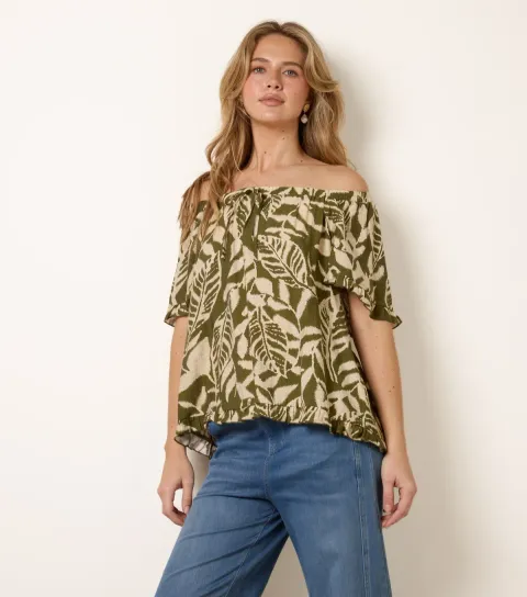 Women's Dark Khaki Leaf Print Tie Front Top