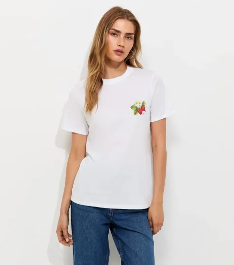 Women's White Cotton Strawberry Print Relaxed T-Shirt
