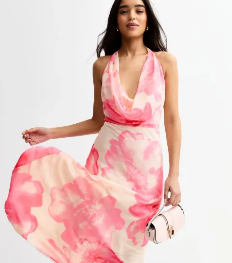 Women's White Floral Print Halterneck Chiffon Midi Dress