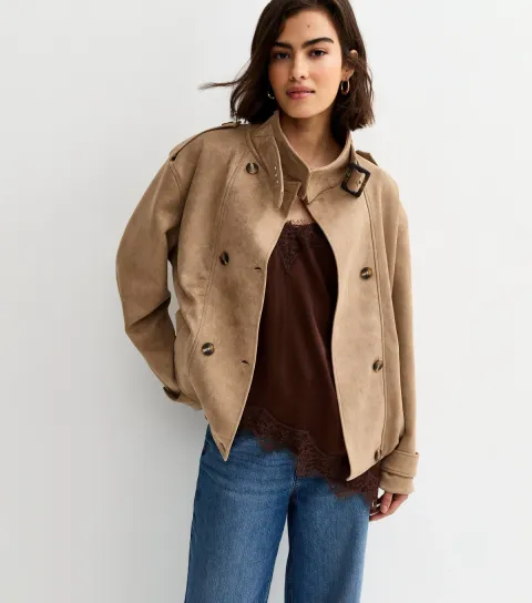 New Look Women's Camel Faux Suede Double Breasted Bomber Jacket
