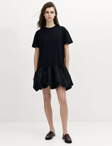 Cotton Blend Bubble Hem Mini T-Shirt Dress Black