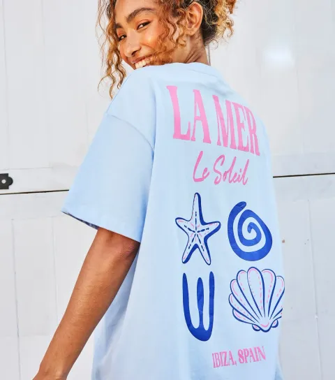 Women's Blue La Mer Printed T-Shirt