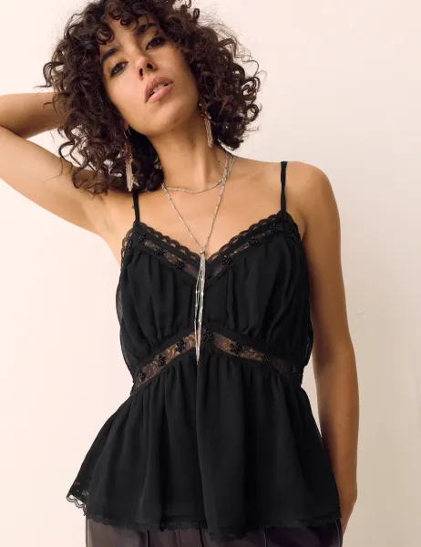Per Una Lace Frill Detail Cami Top Black