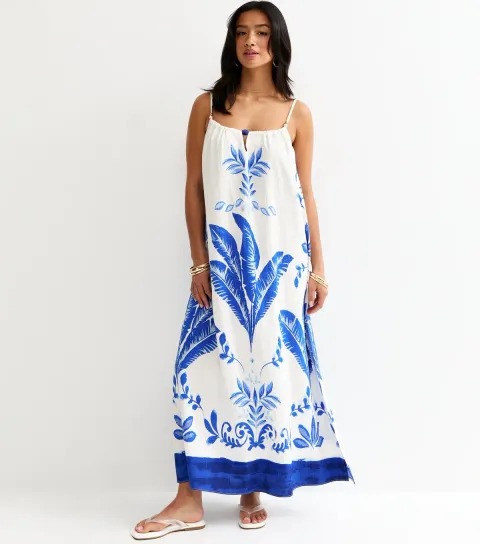 Women's Petite Blue Leaf Print Beach Maxi Dress
