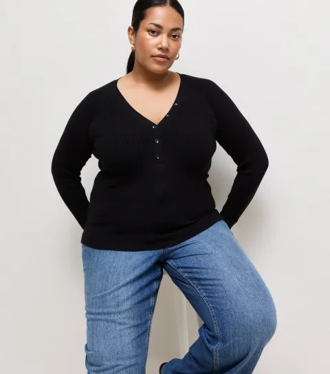 Women's Plus Size Black Lightweight Rib Henley Top Curves