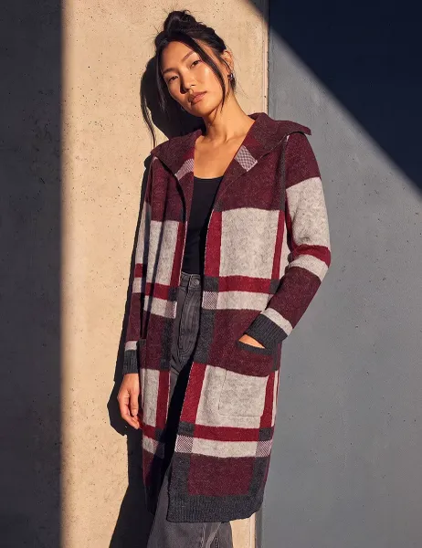 Roman Checked Longline Cardigan Red Mix