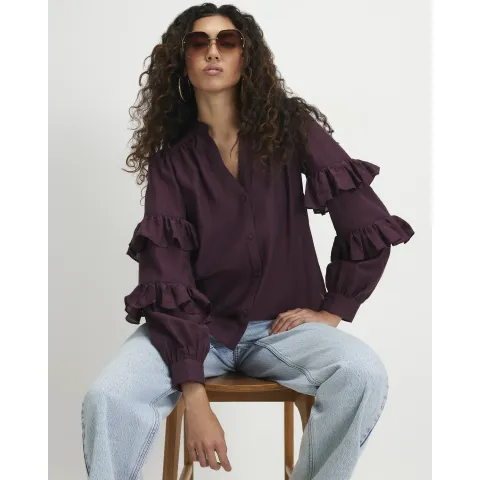 River Island Burgundy Long Sleeve Ruffle Blouse