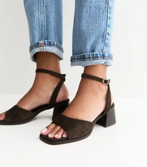 Women's Brown Faux Suede Curved Front Block Heel Sandals Vegan