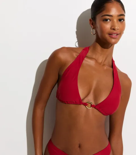 Women's Dark Red Plain O Ring Triangle Bikini Top