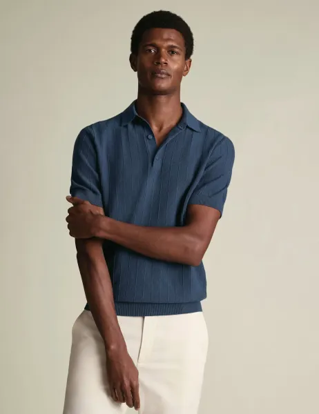 Charles Tyrwhitt Pure Cotton Textured Knitted Polo Shirt Air Force Blue