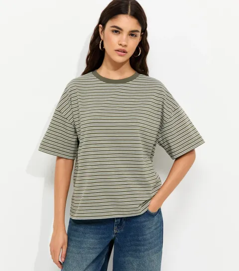 New Look Women's Khaki Cotton Striped Oversized Boxy T-Shirt