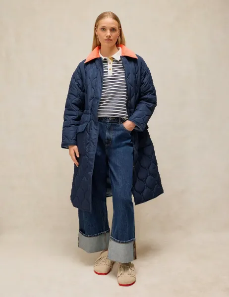 White Stuff Waverley Quilted Collared Longline Puffer Coat Dark Navy