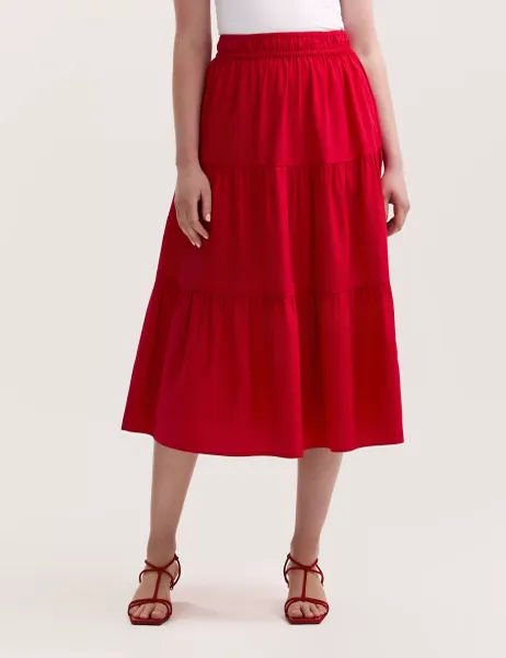 Finery London Pure Cotton Midi Tiered Skirt Red
