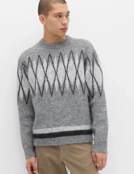 Marks & Spencer Relaxed Argyle Crew Neck Jumper with Wool Grey Mix