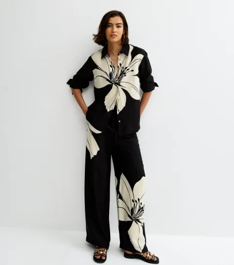 Women's Black Lily Large Floral Wide Leg Trousers