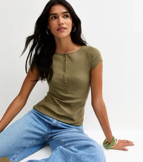 Women's Khaki Ribbed Jersey Button Placket Top