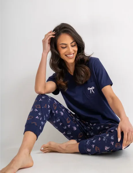 Pure Cotton Printed Pyjama Set Navy Mix