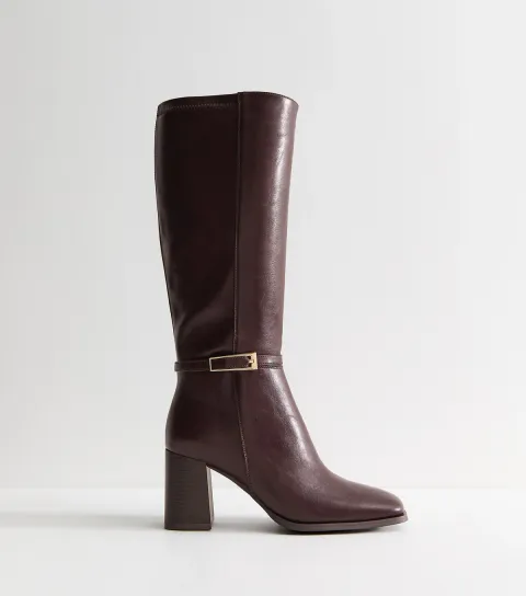 Women's Wide Fit Dark Burgundy Faux Leather Square Toe Block Heel Boots Vegan