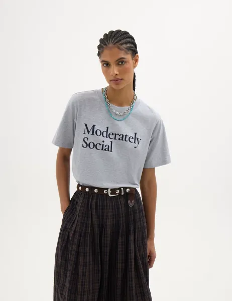 HUSH Pure Cotton Moderately Social Slogan T-Shirt Grey Mix