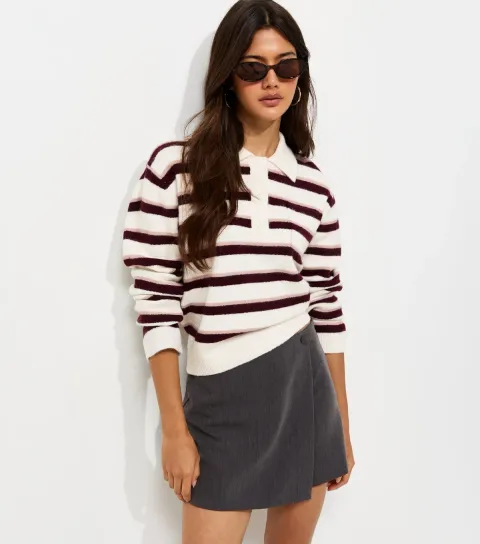 New Look Women's Cream Knitted Striped Patch Pocket Polo Jumper